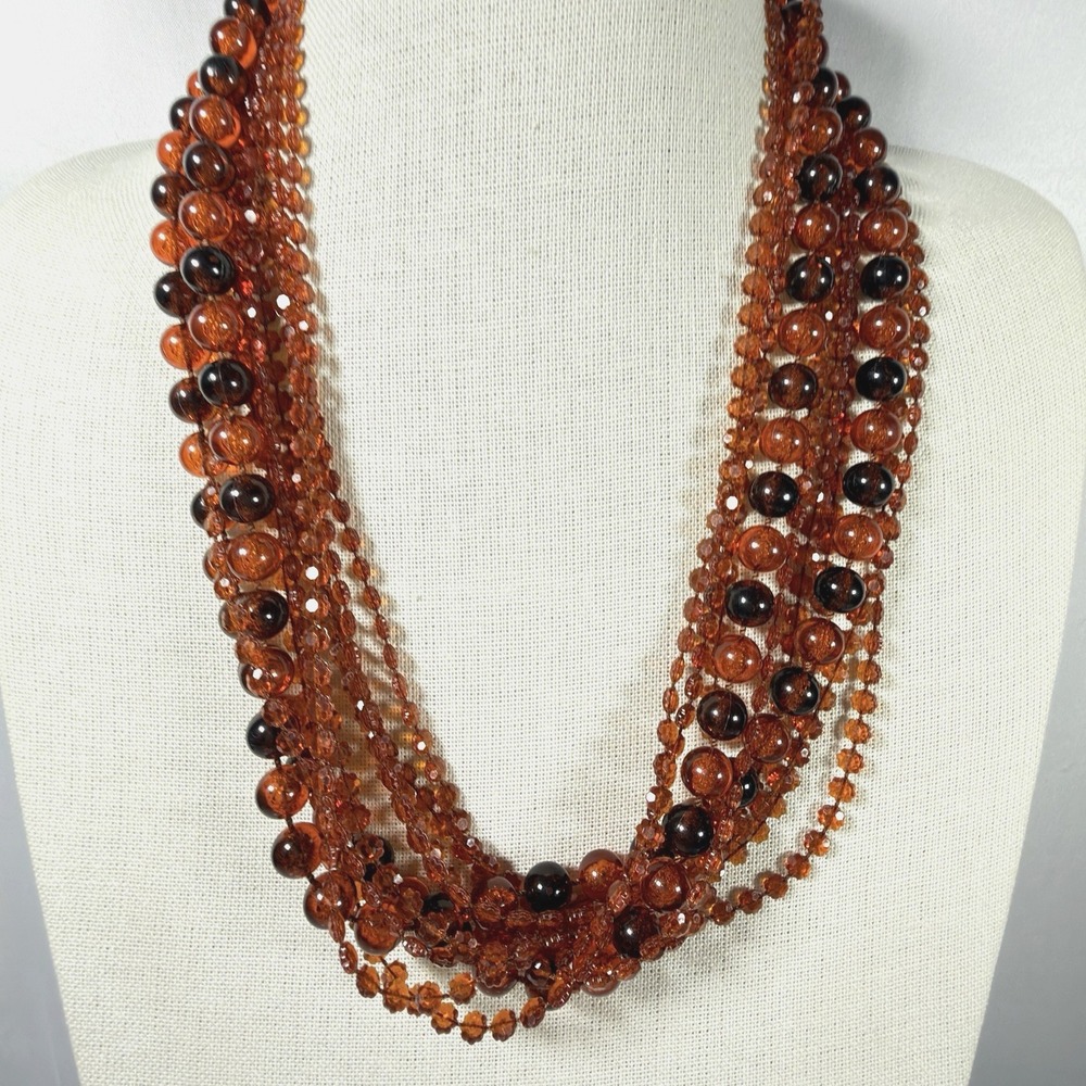 Vintage Necklace Multi Strand Beaded Long Flapper Lucite Root Beer/Cognac 48"